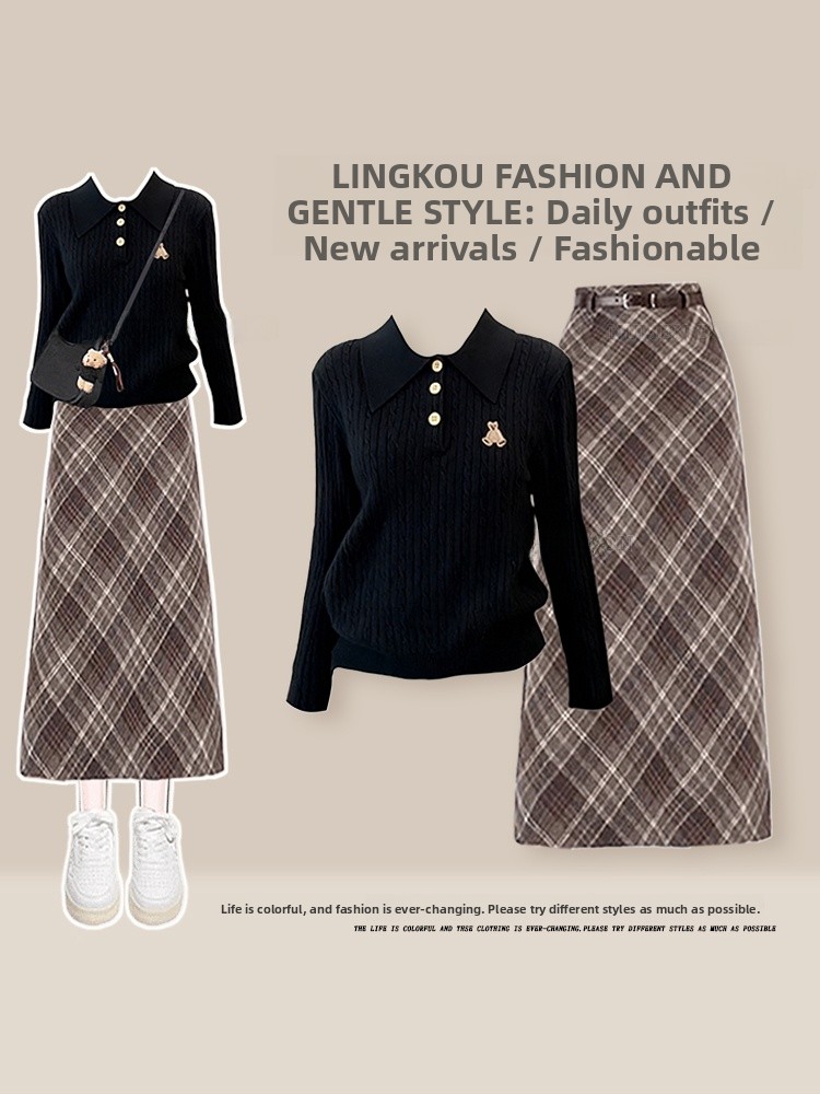Vintage Fashion Years - Autumn Winter Knitted Sweater And Plaid