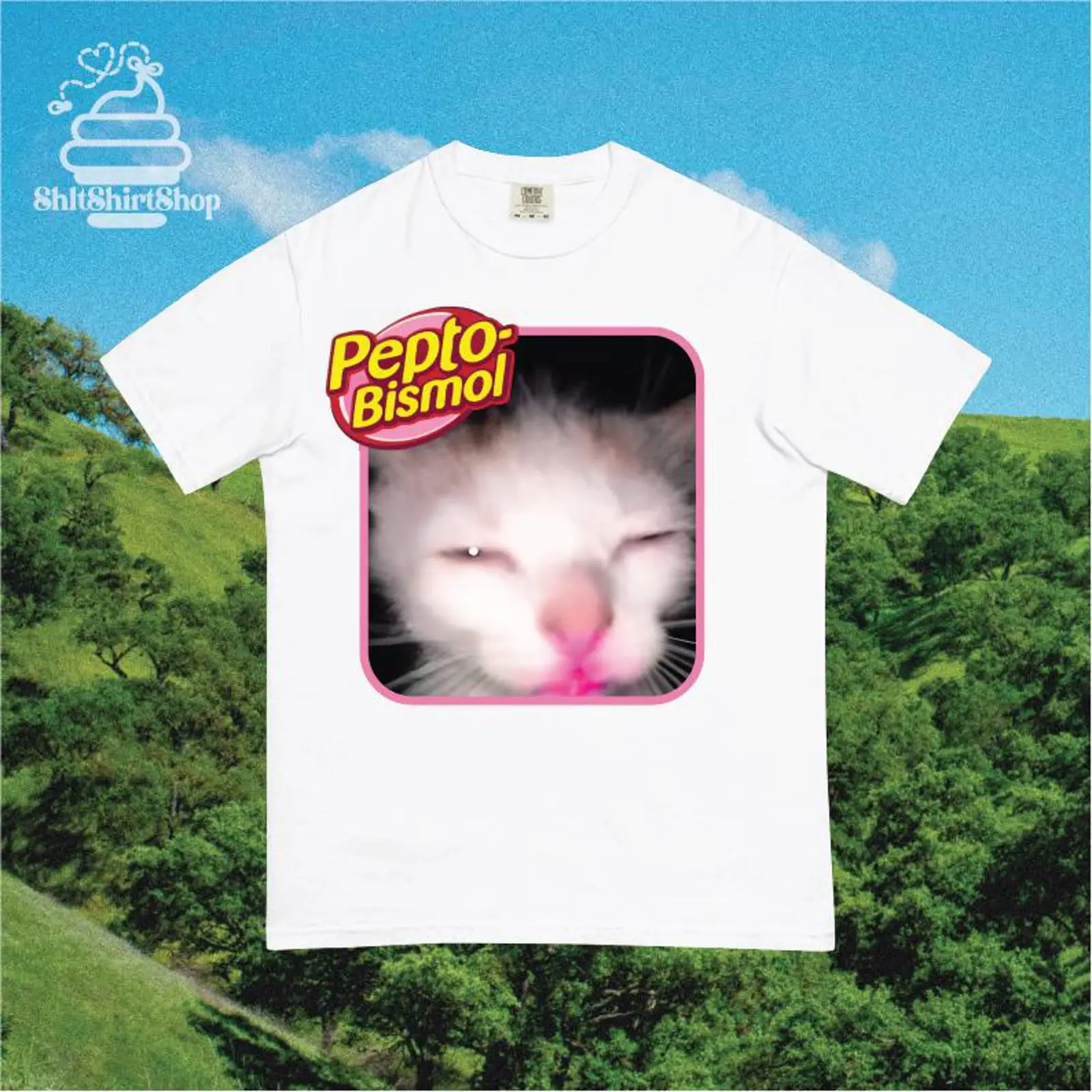Pepto Bismol Meme Cat T Shirt  - Vintage Fashion Gen Z review and price